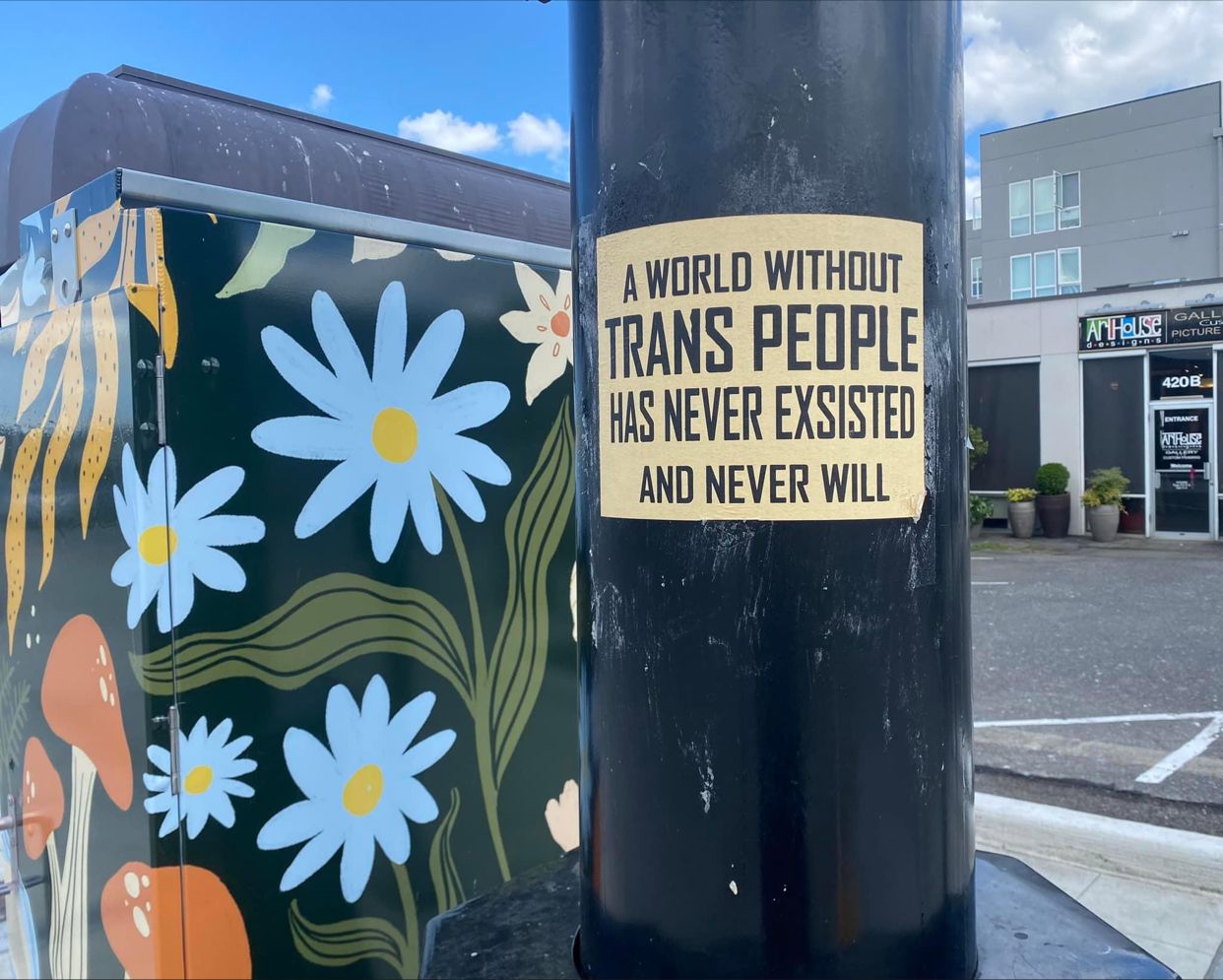 Sign saying “A world without Trans people has never existed and never will”.